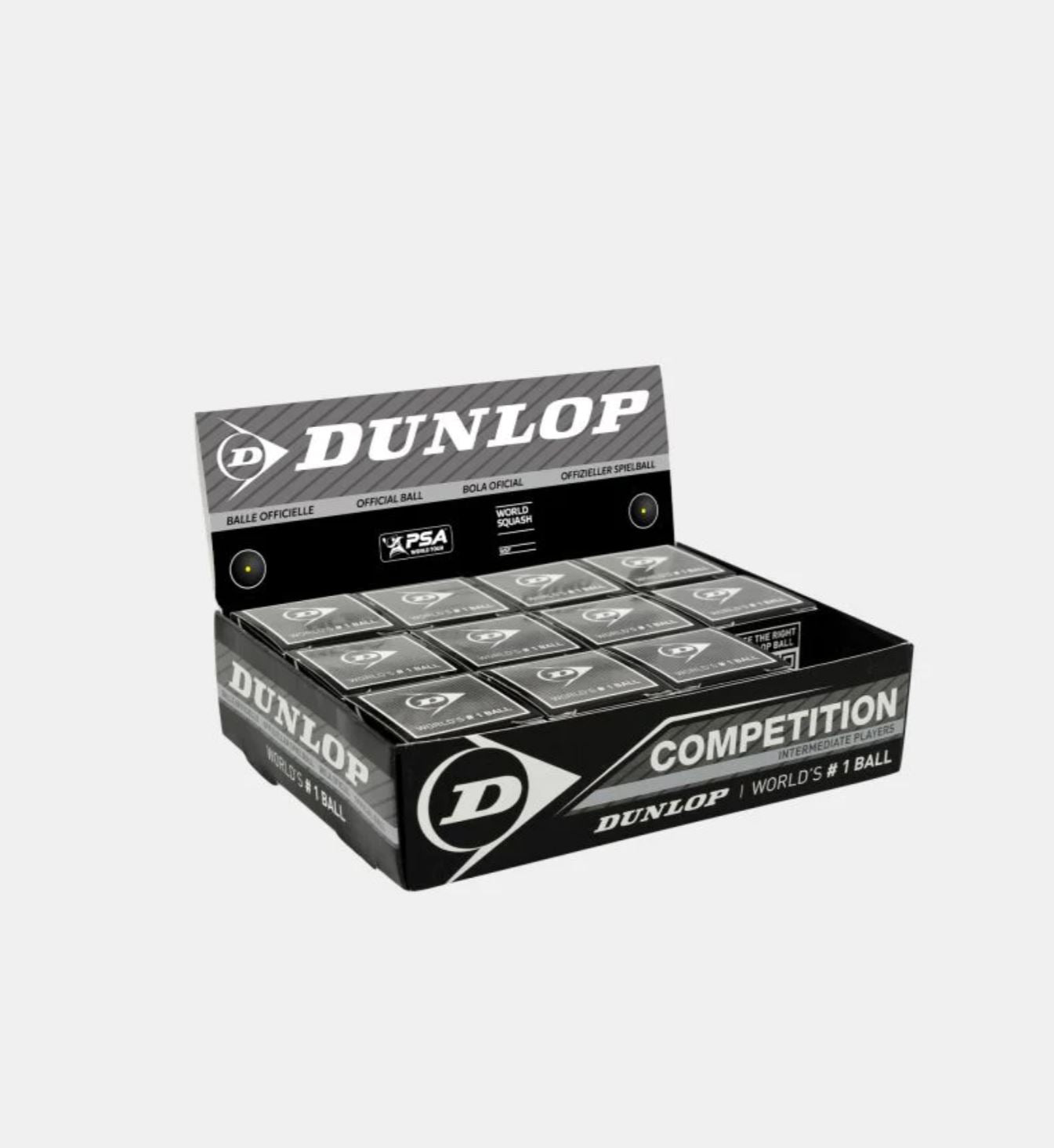 12 stk. Dunlop Competition squashbolde (1 gul prik)